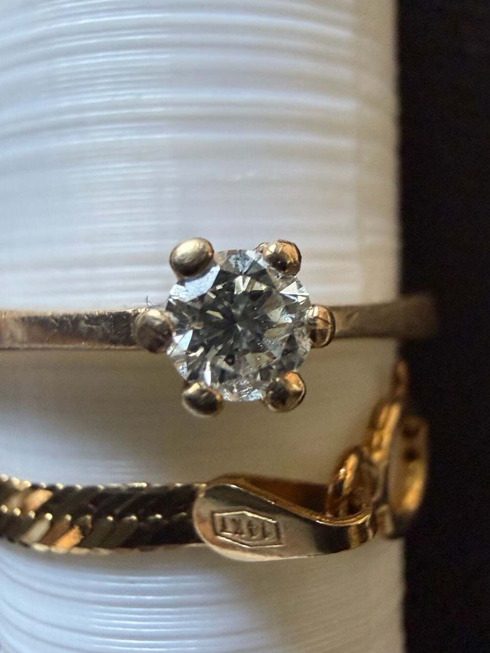 14K Yellow Gold Solitaire Diamond Engagement Ring and Herringbone Chain Set valu